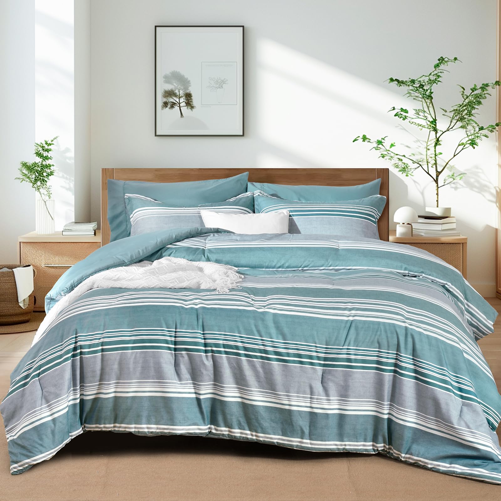 Phf 7 Pieces Queen Comforter Set, Striped Bed In A Bag, Dusty Blue Stripe Comforter & 18' Sheet Set All Season, Ultra Soft Bedd